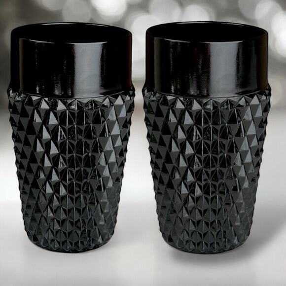 Vtg Set of 2 Indiana Glass Tiara Diamond Point Black Highball Ice Tea Glasses - Picture 1 of 7